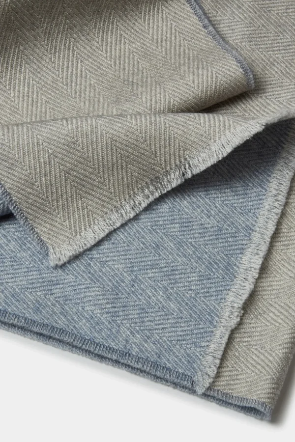 Sand and light blue reversible herringbone scarf - Made in Italy