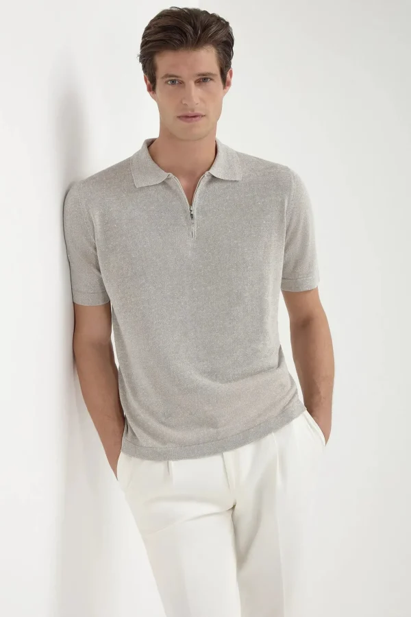 Sand linen and cotton zipped polo - Made in Italy