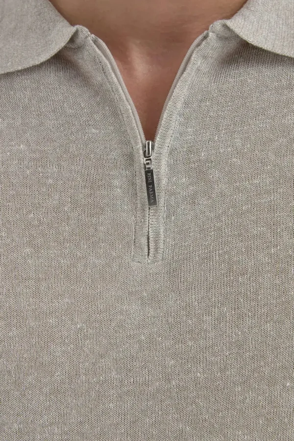 Sand linen and cotton zipped polo - Made in Italy