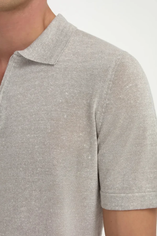 Sand linen and cotton zipped polo - Made in Italy