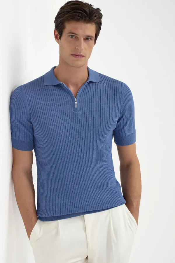Sky blue thin rib zipped polo - Made in Italy
