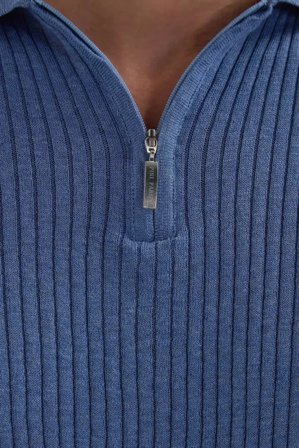 Sky blue thin rib zipped polo - Made in Italy