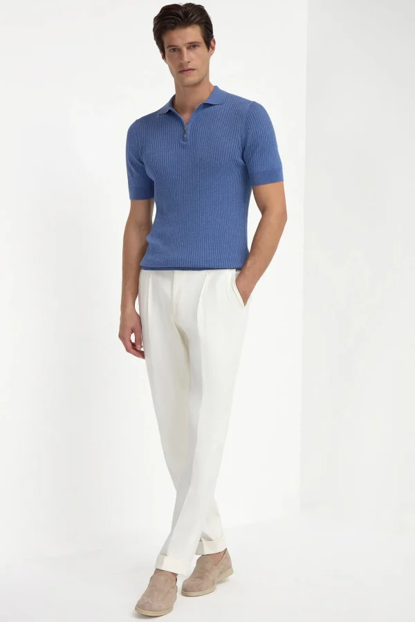 Sky blue thin rib zipped polo - Made in Italy