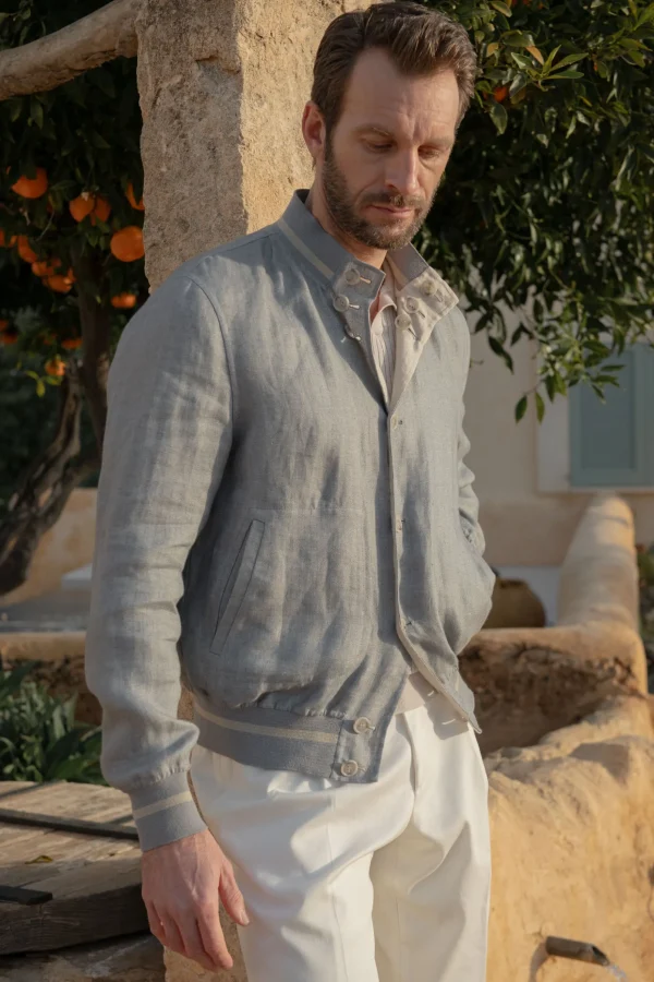 Sky grey and beige reversible bomber jacket – Made in Italy