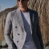 Sky grey herringbone double breasted linen jacket - Made in Italy