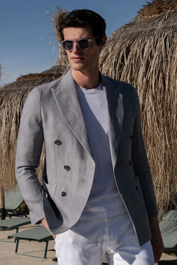 Sky grey herringbone double breasted linen jacket - Made in Italy