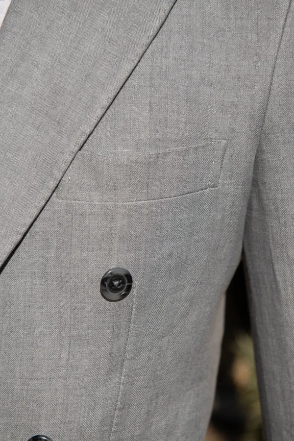 Sky grey herringbone double breasted linen jacket - Made in Italy