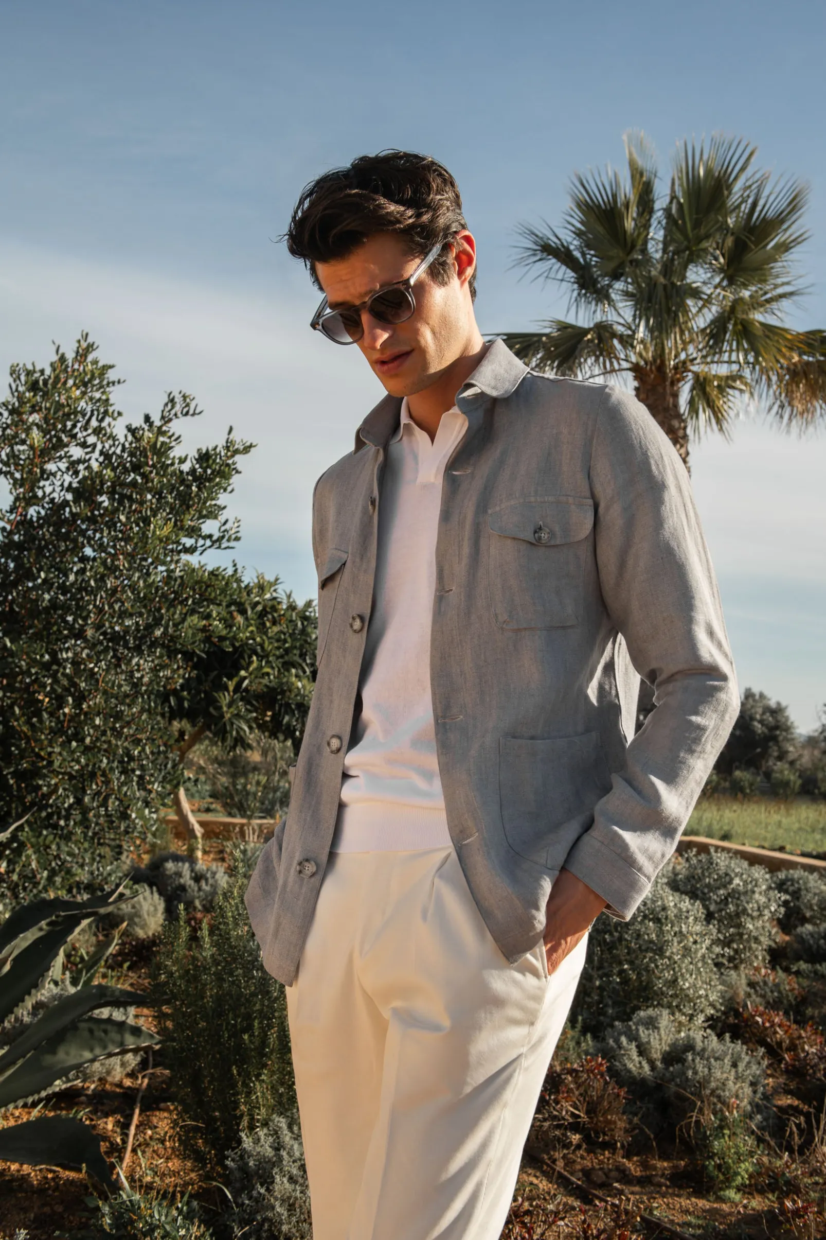 sky_grey_herringbone_line_0.webp Sky grey herringbone linen Safari Jacket – Made in Italy