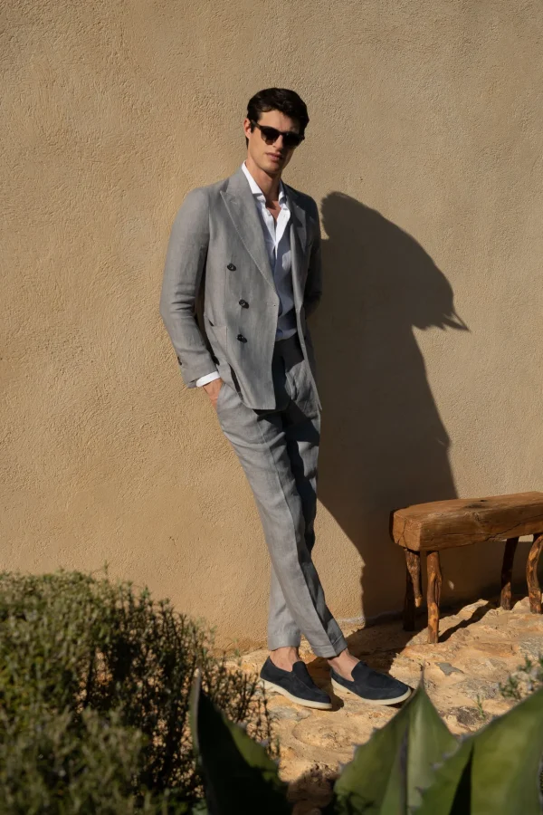 Sky grey herringbone linen trousers "Soragna Capsule Collection" - Made in Italy