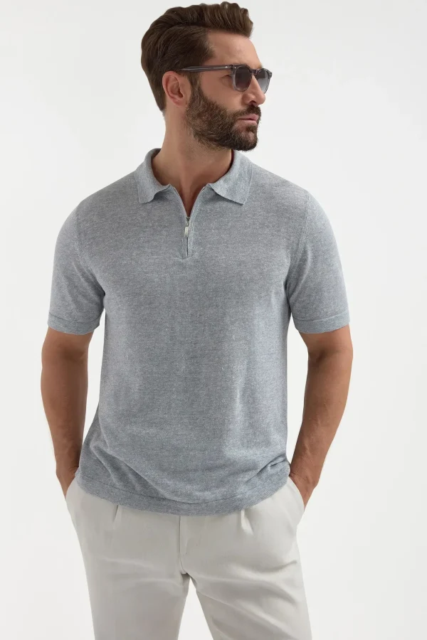 Sky grey linen and cotton zipped polo - Made in Italy