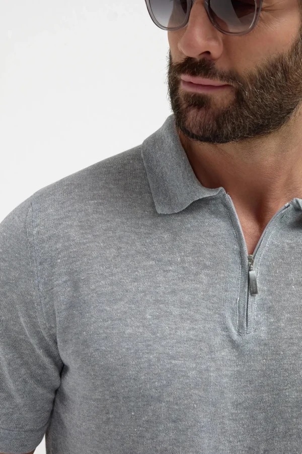 Sky grey linen and cotton zipped polo - Made in Italy