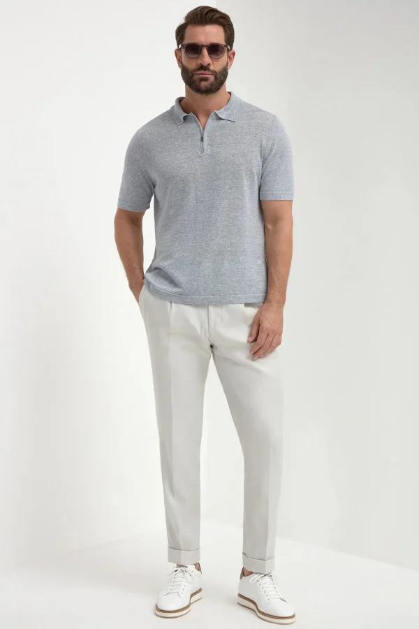 Sky grey linen and cotton zipped polo - Made in Italy