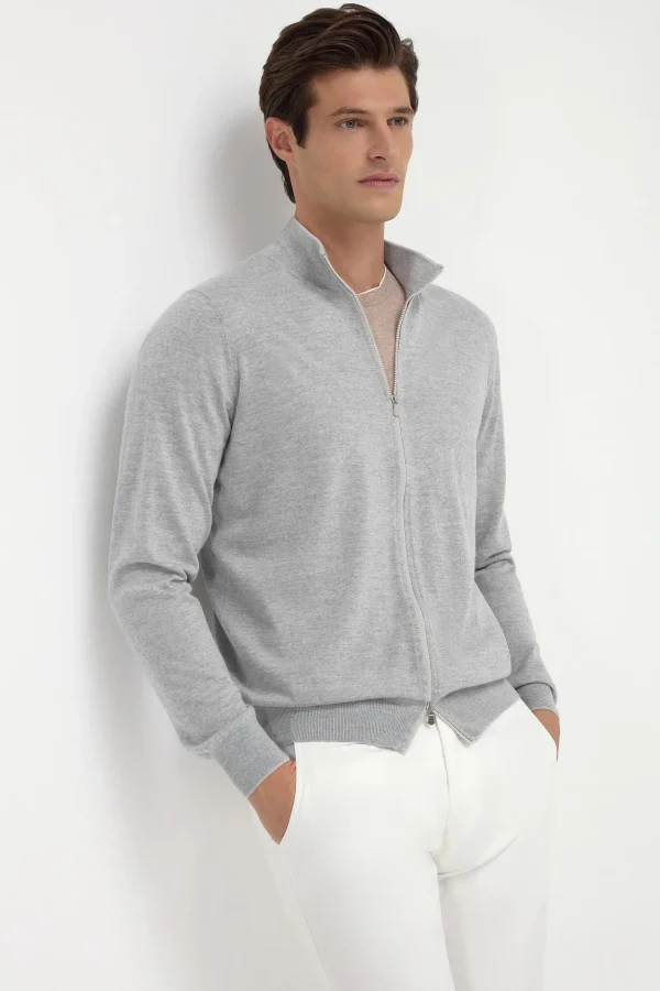 Sky grey Tasmanian wool full zip cardigan - Made in Italy