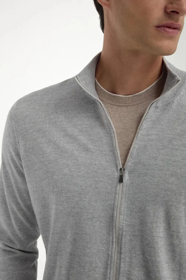 Sky grey Tasmanian wool full zip cardigan - Made in Italy