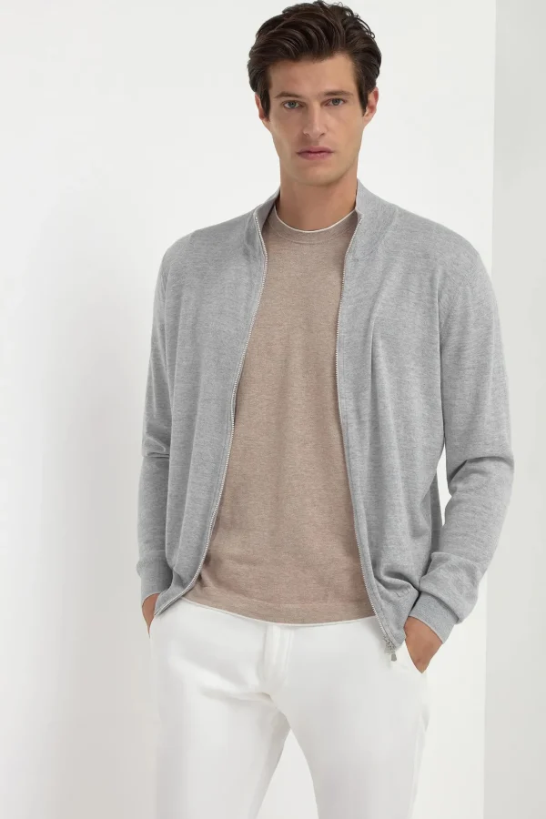 Sky grey Tasmanian wool full zip cardigan - Made in Italy