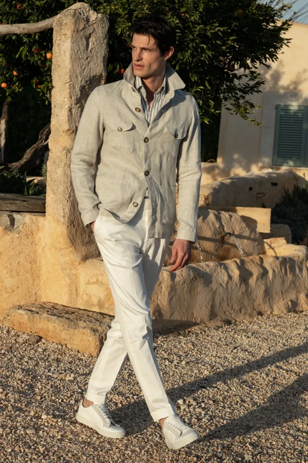 Stone herringbone linen safari jacket – Made in Italy