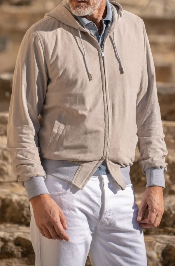 Stone suede hooded bomber jacket – Made in Italy