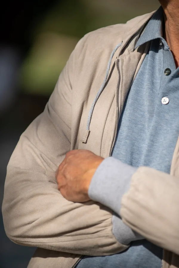 Stone suede hooded bomber jacket – Made in Italy