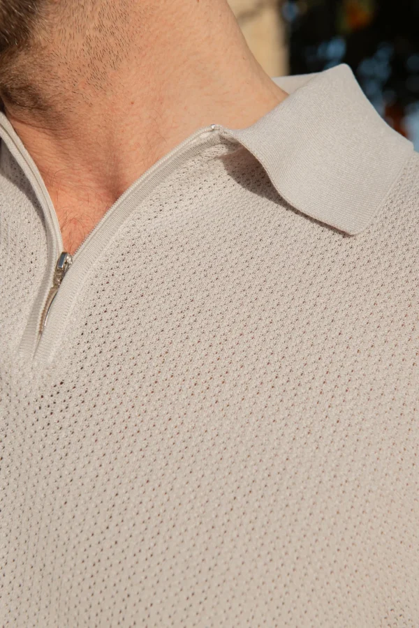 Stone textured knit polo with zip - Made in Italy
