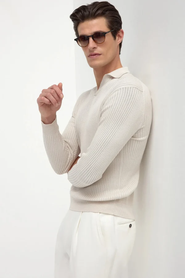 Stone thin rib long sleeve polo - Made in Italy