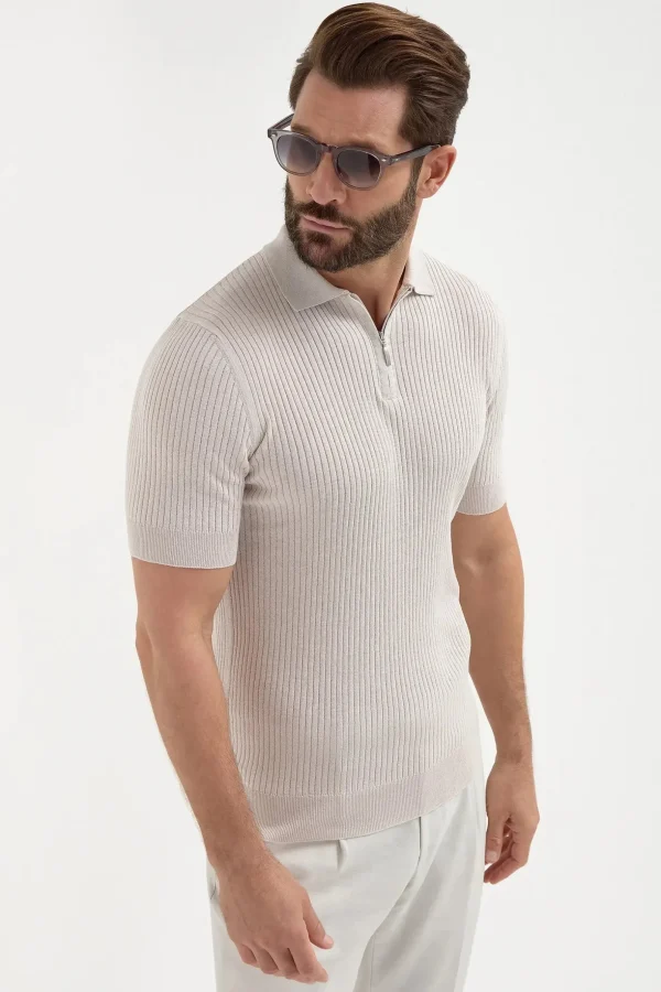 Stone thin rib zipped polo - Made in Italy