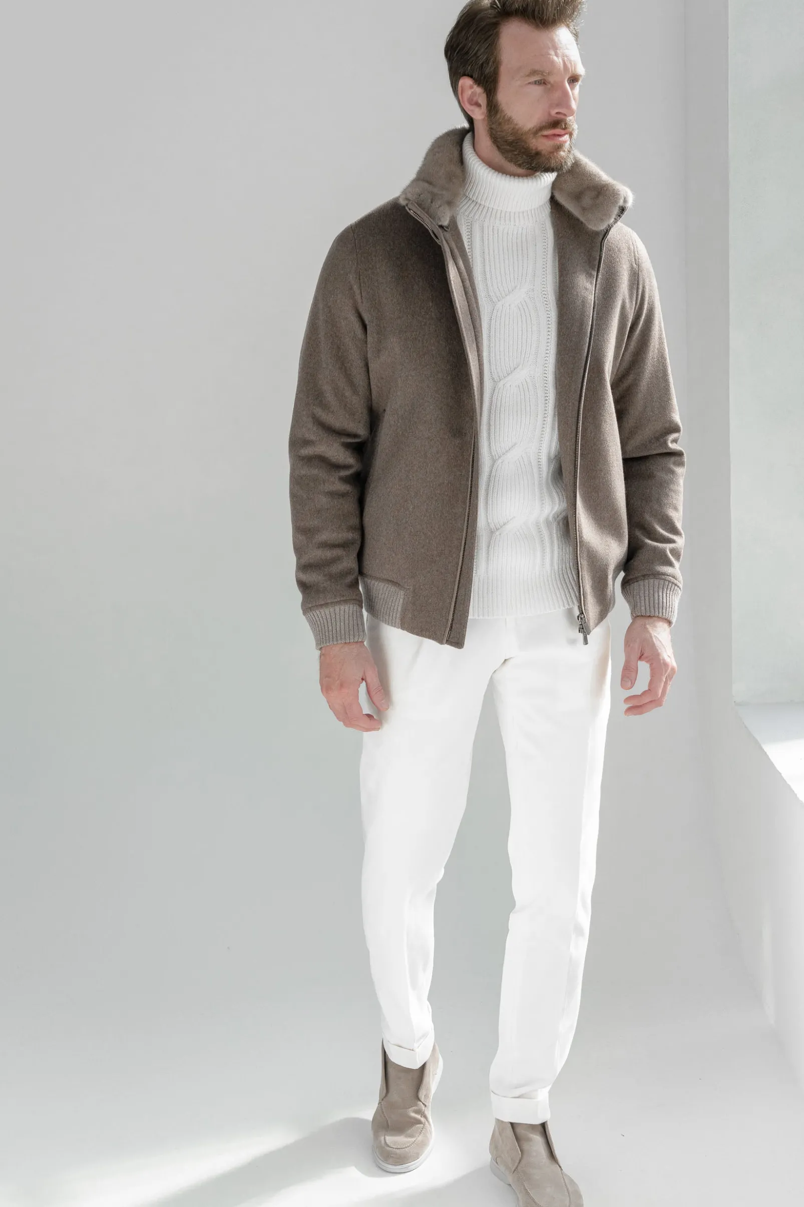 taupe_bomber_with_removab_0.webp Taupe bomber with removable mink collar – Made in Italy