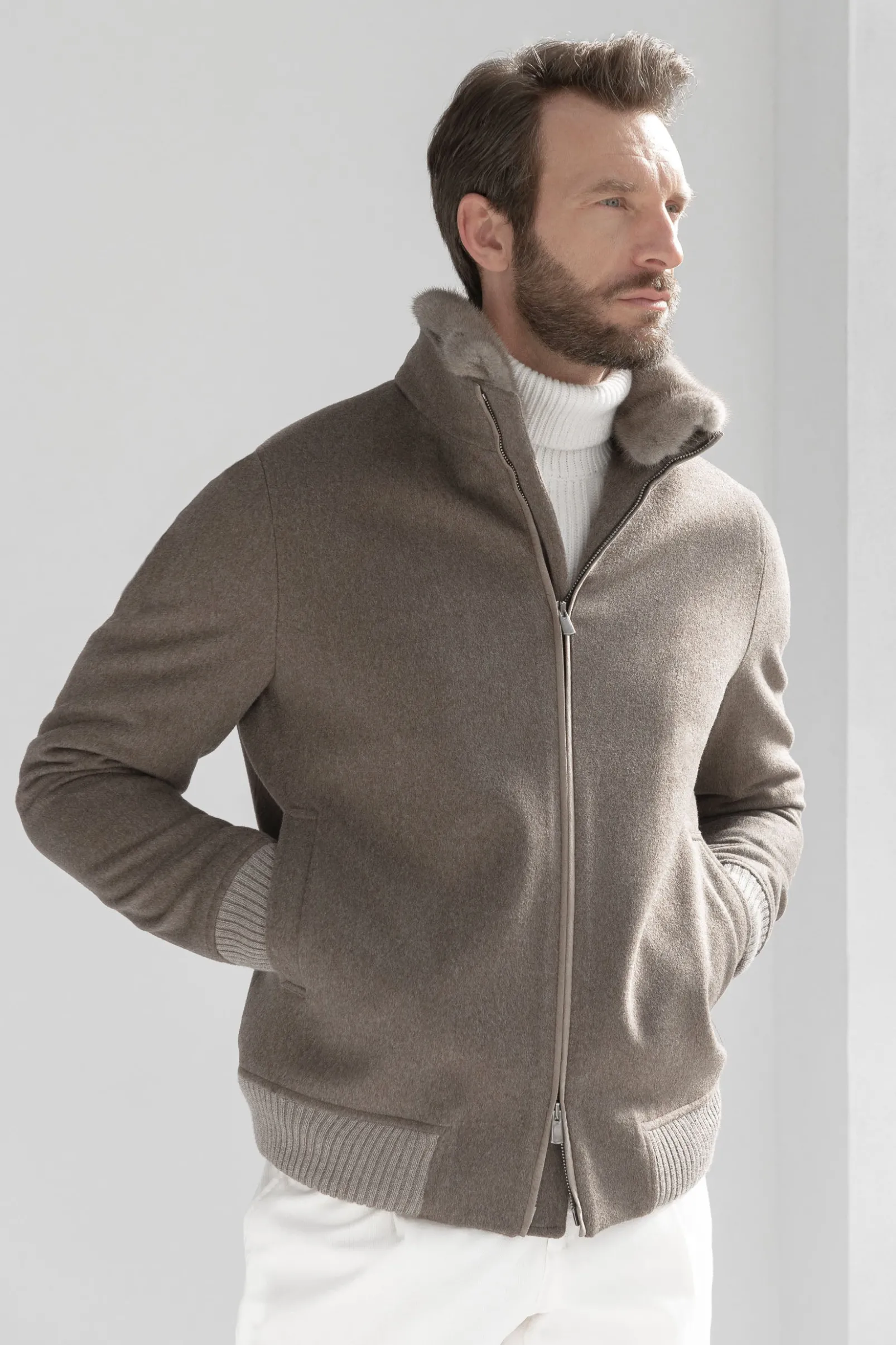 taupe_bomber_with_removab_2.webp Taupe bomber with removable mink collar – Made in Italy