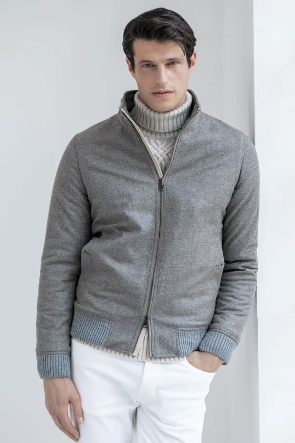 Taupe down bomber in wool & cashmere – Made in Italy