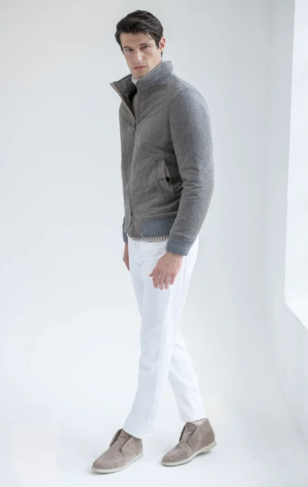 Taupe down bomber in wool & cashmere – Made in Italy