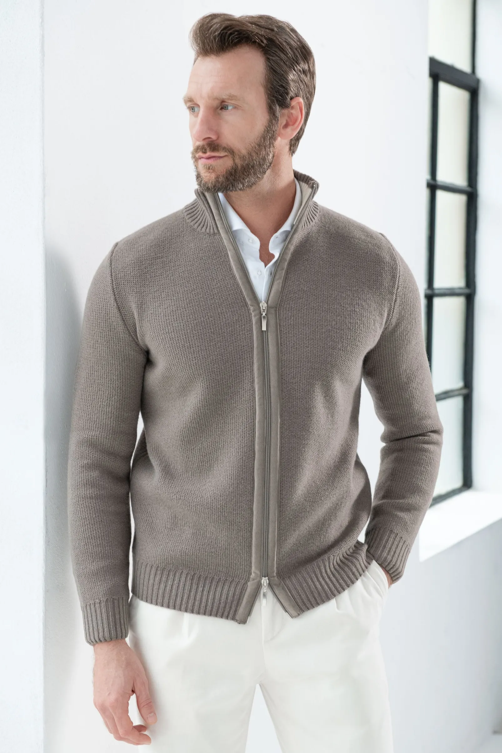 taupe_honeycomb_cashmere__0.webp Taupe honeycomb cashmere blend full zip – Made in Italy