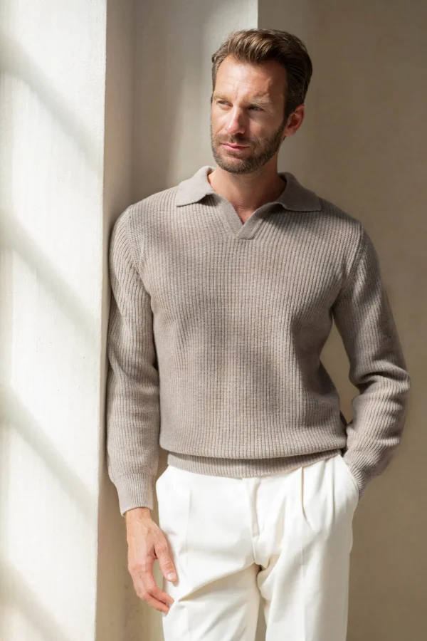 Taupe ribbed cashmere blend polo – Made in Italy