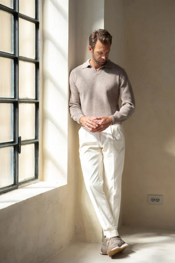 Taupe ribbed cashmere blend polo – Made in Italy