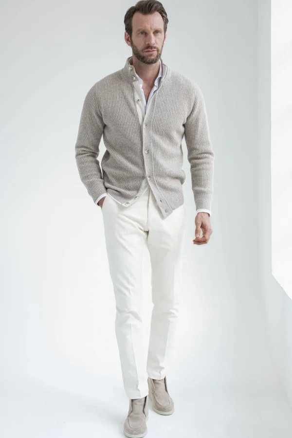 Taupe ribbed cashmere blend cardigan – Made in Italy