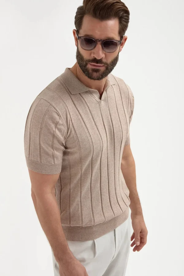 Taupe ribbed polo - Made in Italy