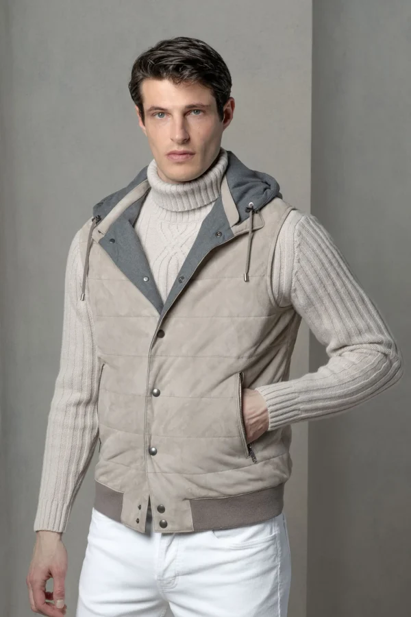 Taupe suede padded vest - Made in Italy