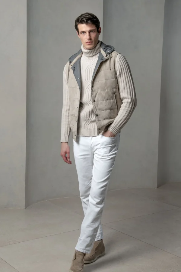 Taupe suede padded vest - Made in Italy