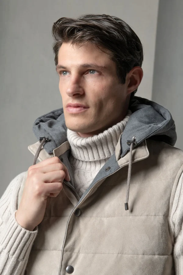 Taupe suede padded vest - Made in Italy
