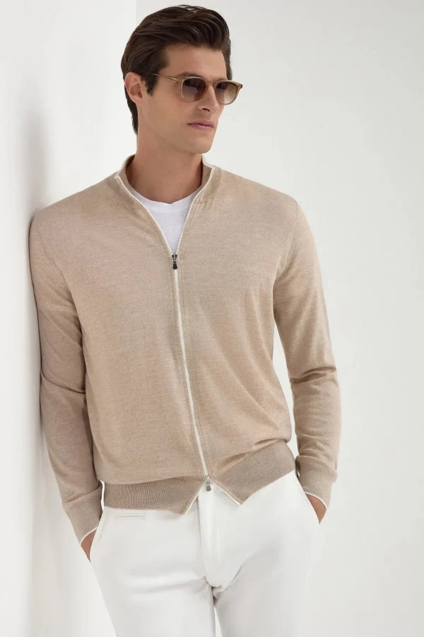 Taupe Tasmanian wool full zip cardigan - Made in Italy