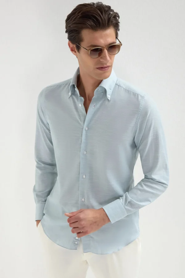 Water green chambray button down shirt - Made in Italy