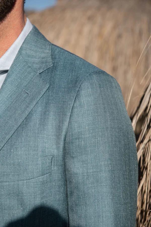 Water green herringbone jacket in wool silk and linen - Made in Italy