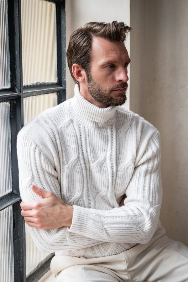 White jacquard patterned wool & cashmere turtleneck – Made in Italy