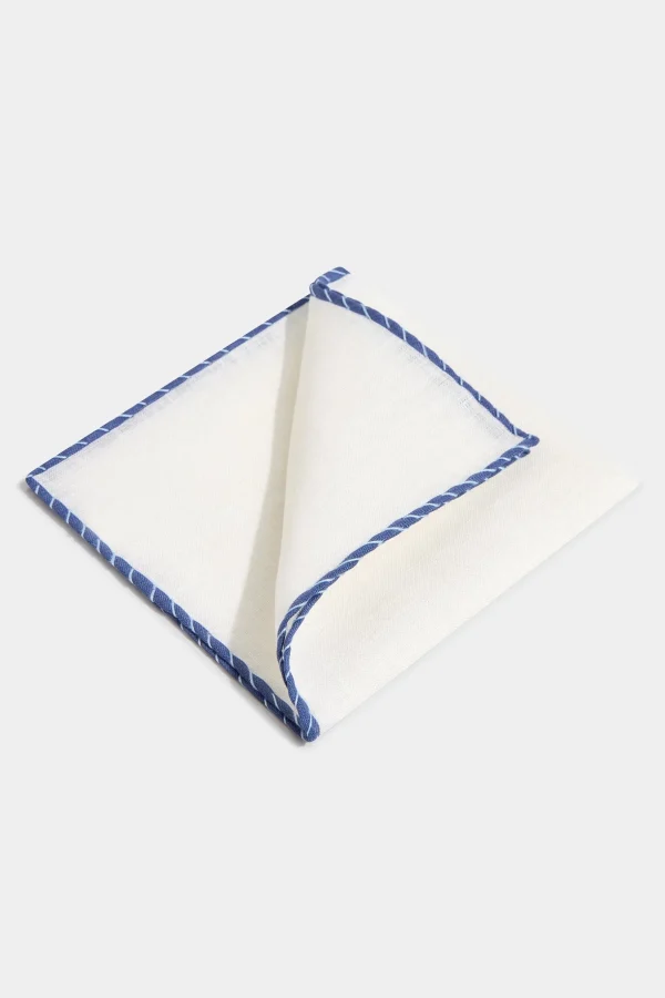 White linen pocket square with blue and light blue edges - Made in Italy