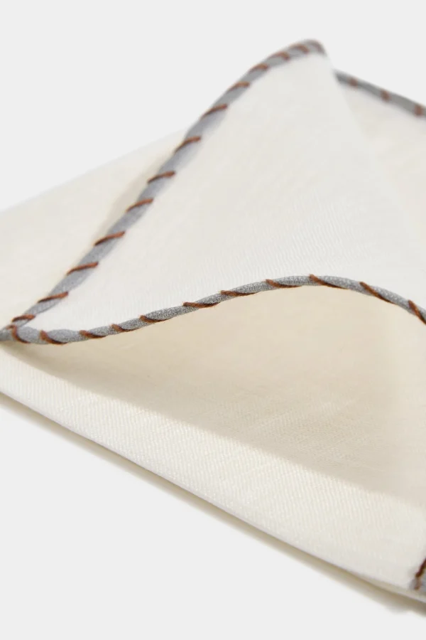 White linen pocket square with grey and cognac edges - Made in Italy