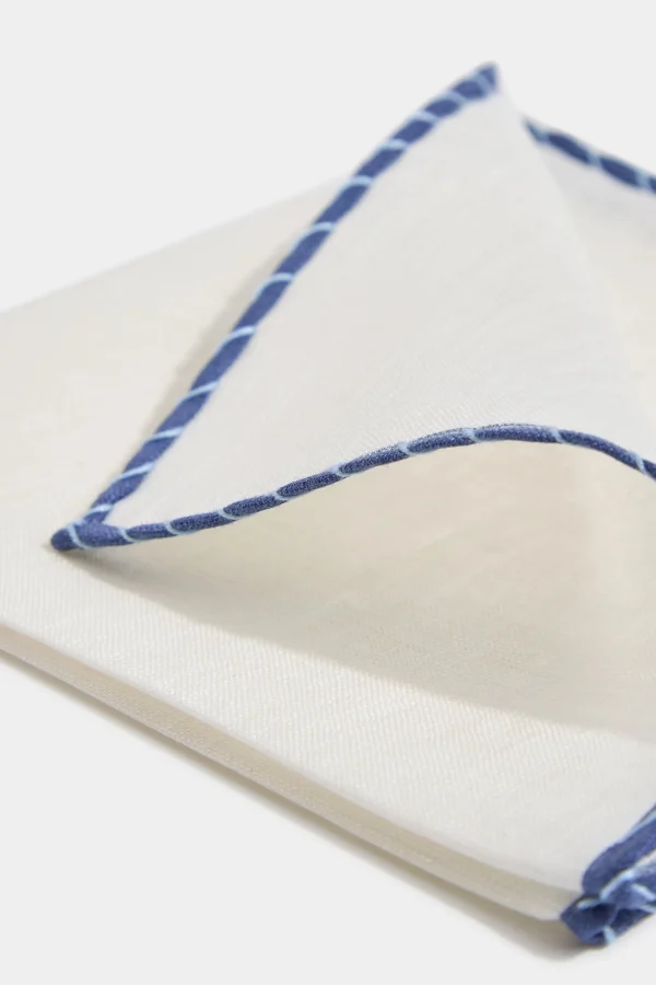 White linen pocket square with blue and light blue edges - Made in Italy