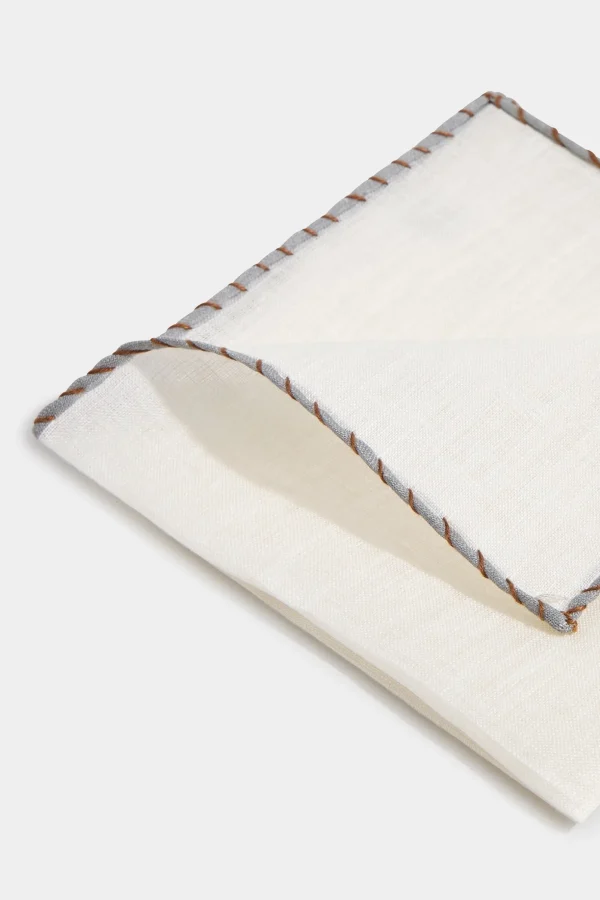 White linen pocket square with grey and cognac edges - Made in Italy