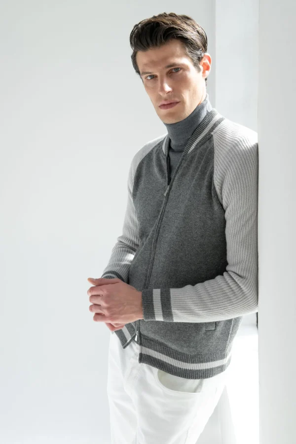 Grey knitted college bomber - Made in Italy